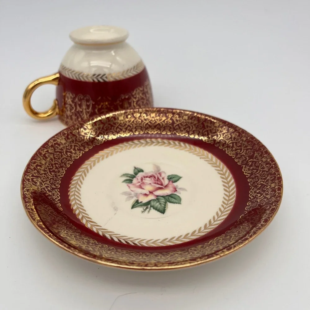 Homer Laughlin Lady Stratford Tea Cup and Saucer Set Maroon Gold Rose 2 Piece